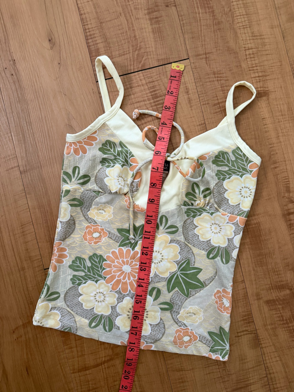 Floral Tie-Front Camisole Top in Pastel Yellow, Peach & Green size small - Picture 3 of 8